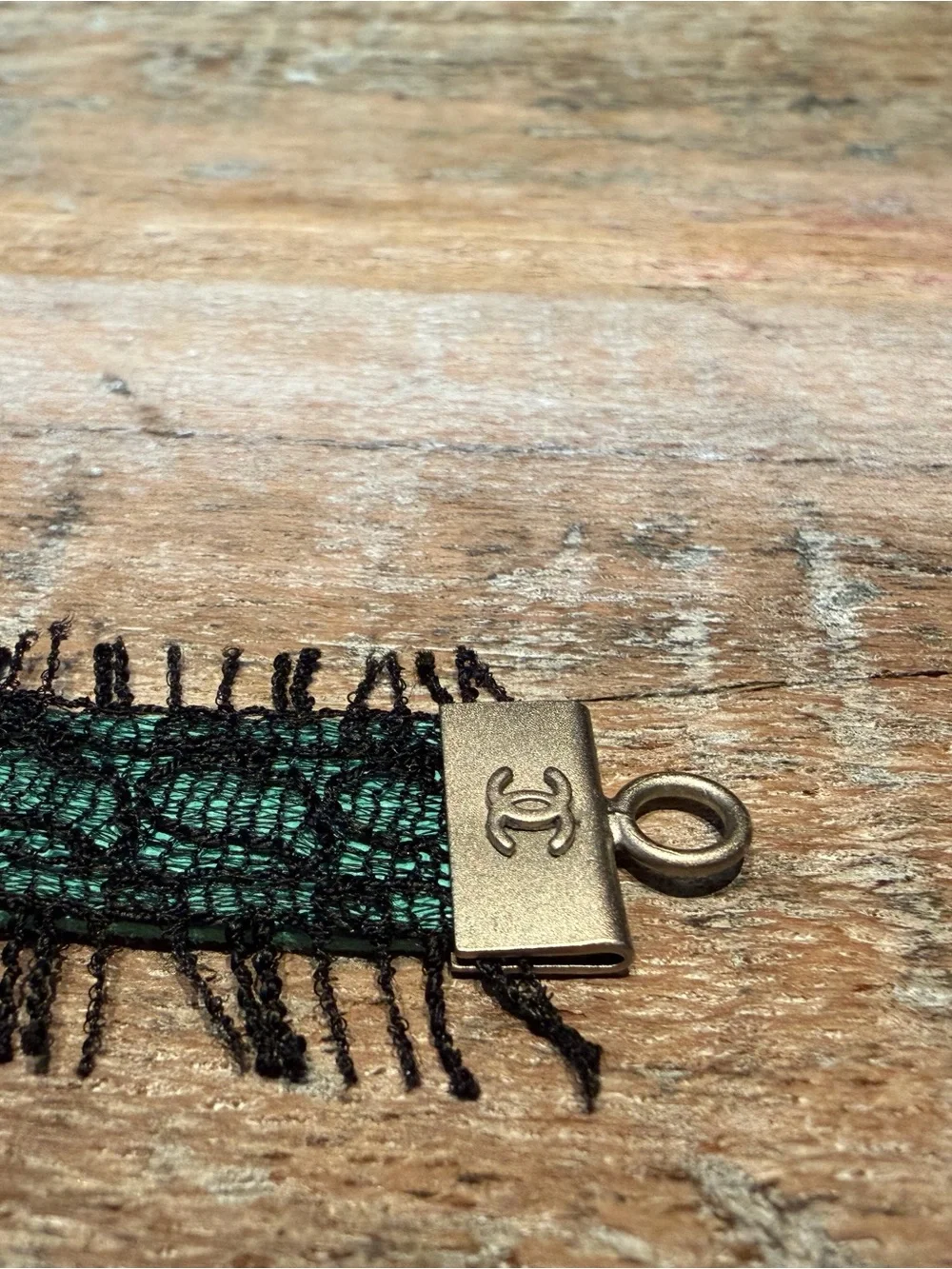 CHANEL Green Leather Multicolor Sequin Fringe Bracelet